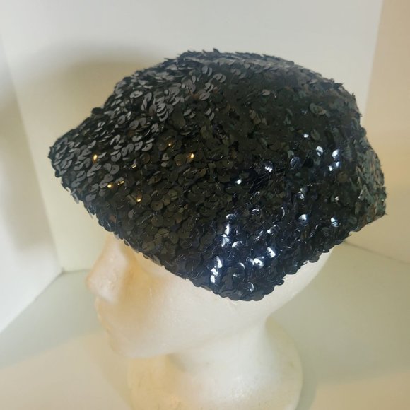 Vintage Accessories - Vintage Cocktail Evening Black Tie Chic Black Sequined MCM Hat